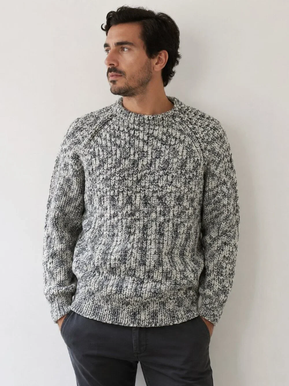 Vintage Steven J 100% Wool Marled Knit Sweater Gray White Made in UK M